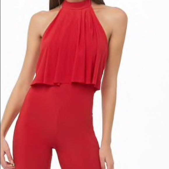 Wide Leg Red Halter Jumpsuit - Picture 3 of 3